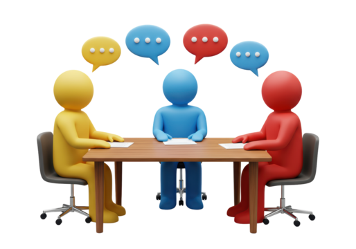 Isolated brainstorming meeting with colorful sticky figure people and talking bubbles