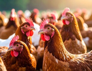 Close-up of many brown hens