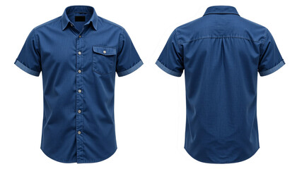 Blue blank polo shirt template, front and back, isolated on a white background for men's