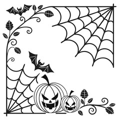 Halloween Corner Border: Black and White Jack-o'-Lanterns, Bats, Spiderwebs, and Vines.