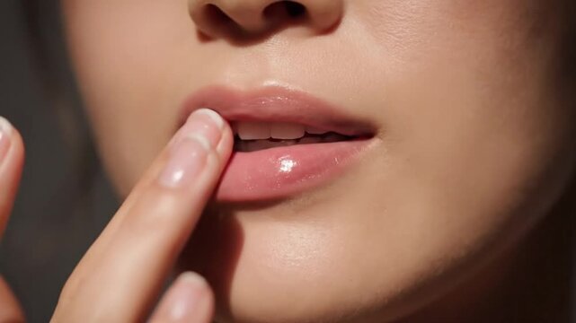 A woman's perfectly moisturized lips are gently touched by her finger, highlighting her beauty and skincare routine