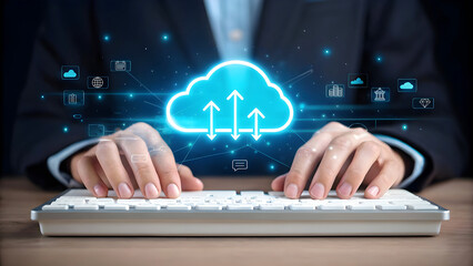 Hands typing on a keyboard with a glowing blue cloud and data streams symbolizing cloud computing