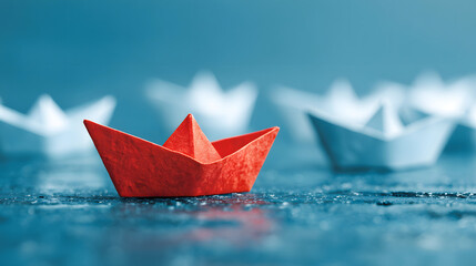 Red paper boat leading white boats on water representing leadership  and stand out 