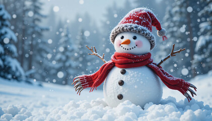 A cheerful cartoon snowman in a red scarf and hat smiles on a happy winter landscape with a carrot nose and snowflake decorations