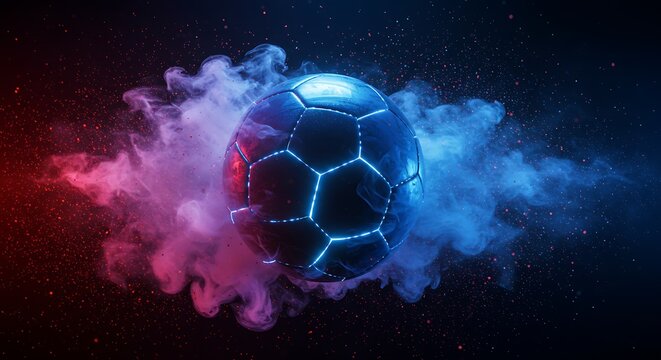 Dynamic soccer ball with glowing blue polygonal lines enveloped in contrasting red and blue smoke and sparkling particles.