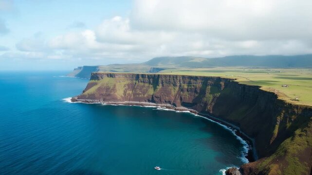 Aerial view of ocean cliff with horizon, water, natural landscape, and sky