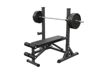 Isolated weight bench for intense training workout with barbell, fitness equipment studio shot