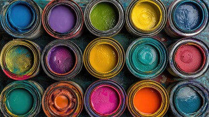 Fototapeta premium Colorful paint cans arranged in a grid pattern (1)