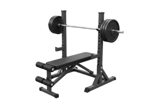 Isolated weight bench for intense training workout with barbell, fitness equipment studio shot