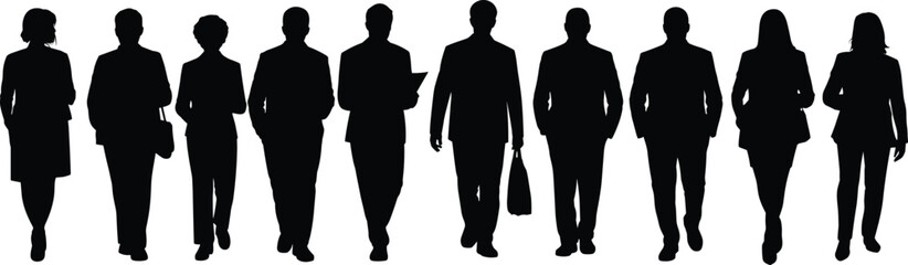 Silhouettes of confident business professionals walking forward, teamwork, leadership concept, black and white style, corporate unity, formal attire, success