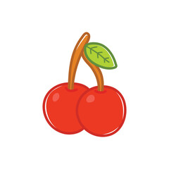 Hand Drawn Illustration of Two red cherries with a green leaf on a white background, cartoon style.