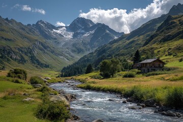 Tranquil Alpine Valley: Snow-Capped Peaks Surrounding a Pristine River Through Green Meadows and a Quaint Chalet