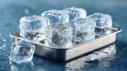 Close up of ice cube tray with frozen cubes glistening under bright light on reflective surface showing cold beverage theme or clean kitchen product visuals