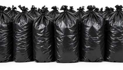 Black plastic garbage bags isolated on a white background, filled with trash and ready for recycling or disposal