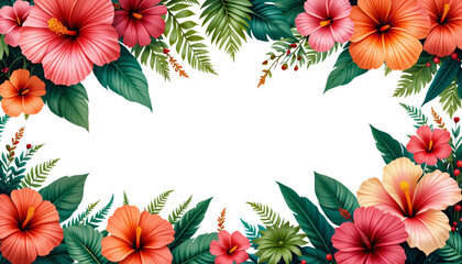 Fototapeta premium A decorative floral frame with blooming flowers and green leaves creates a beautiful spring border design