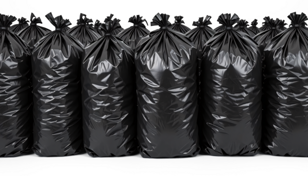 Black plastic garbage bags isolated on a white background, filled with trash and ready for recycling or disposal - Powered by Adobe