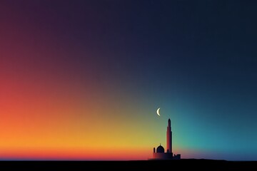 Fototapeta premium Stunning mosque silhouette under crescent moon and starry sky during vibrant sunset, perfect for Ramadan greetings and spiritual themes