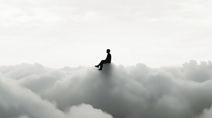 Person sitting on top of clouds in minimalistic black and grey.