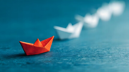 Red paper boat leading a line of white boats on a blue surface