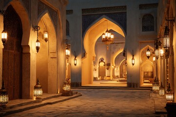 Obraz premium Captivating Arabian Nights ambiance with warm lantern light illuminating a stunning architectural interior, evoking feelings of serenity and cultural richness