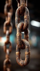 Fototapeta premium Rusty metal chains hanging in industrial setting with blurred background highlights their weathered texture and history