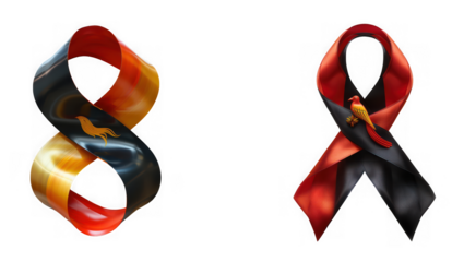 Two stylized ribbons, one shaped like the number 8 with a bird emblem, the other a standard awareness ribbon, isolated on transparent background