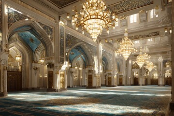 Obraz premium Stunning mosque interior with ornate gold detailing, elegant chandeliers, and vibrant blue accents, perfect for architectural and cultural projects