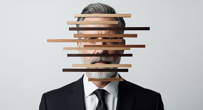 Businessman with wooden slats covering face representing hidden identity