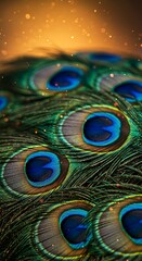 Obraz premium Exquisite close-up of iridescent peacock feathers with vibrant blue and green eyespots against a shimmering golden bokeh background, vertical.