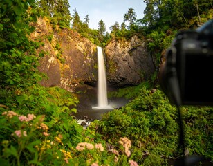 Waterfall cascading down rocky cliff in lush forest