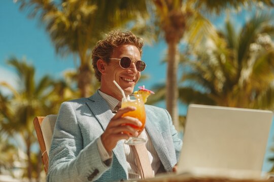 Businessman smiling and holding cocktail while working remotely on laptop at luxury resort