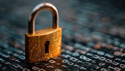 Close-up of a brass padlock on a backdrop of binary code