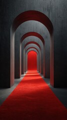 Fototapeta premium Red carpet leads through a series of elegant arches in a modern architectural space at dusk for special events
