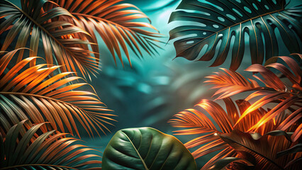 Green and orange palm leaves frame on sea green empty space.