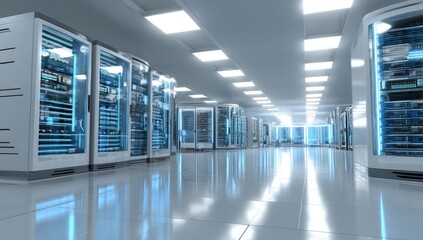 Modern server room, rows of white server racks, illuminated by blue light