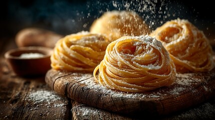 Close up of raw pasta nests on flour dusted wooden board with golden hue and dry texture creating rustic culinary mood perfect for food prep visuals or traditional Italian themes