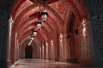 Fototapeta premium Elegant ornate corridor with glowing lanterns and intricate red and white architectural details creating a stunning, inviting ambiance