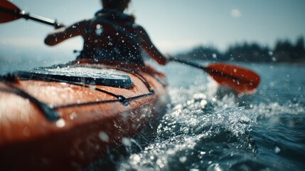 Fototapeta premium Medium shot of a kayak paddler gliding through calm waters focusing on the paddles movement and water droplets while distant shoreline remains out of focus.
