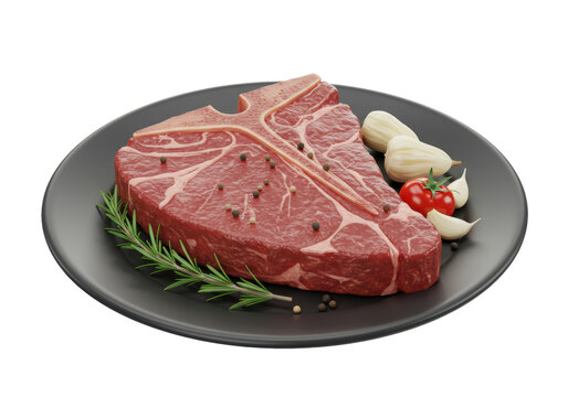 Isolated raw T-bone steak seasoned with pepper and garnished with garlic and rosemary sprig - Powered by Adobe