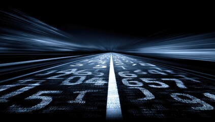 A dark, digital highway stretching into the distance, paved with numbers. Blurry, fast-moving light streaks flank the road