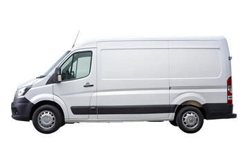 A clean white commercial cargo van viewed from the side profile showcasing its spacious interior and exterior design isolated on transparent background