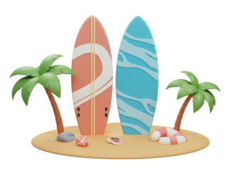 Isolated beach scene with surfboards and palm trees in the sand for vacation fun