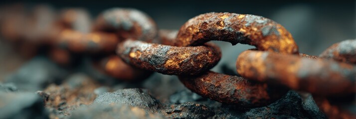 Rusted metal chain links resting on a rough surface in a dimly lit environment