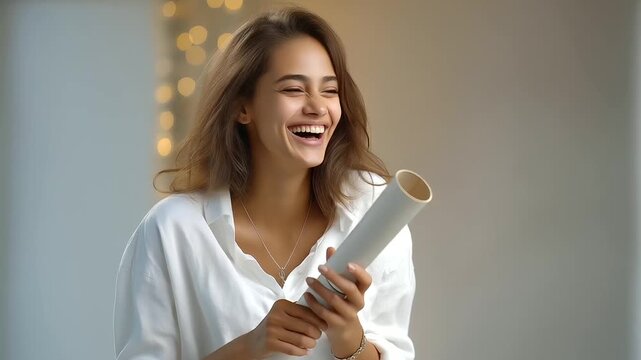 Joyful woman exploring with a paper telescope in soft light