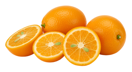 A group of fresh ripe oranges with two halves showing the juicy citrus segments and seeds isolated on transparent background