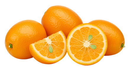 A vibrant still life composition featuring whole and sliced oranges showcasing their juicy texture and refreshing citrus essence isolated on transparent background