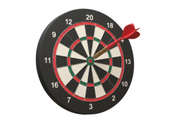 Isolated dartboard with dart in bullseye, game of accuracy, skill & strategic throwing
