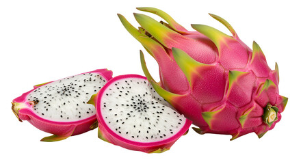 Vibrant pink dragon fruit with white flesh and black seeds sliced in half isolated on transparent background