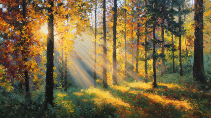 Obraz premium Autumn forest with sunlight filtering through colorful trees 