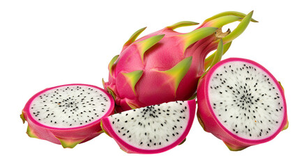 Vibrant pink dragon fruit sliced open revealing white flesh with black seeds isolated on transparent background
